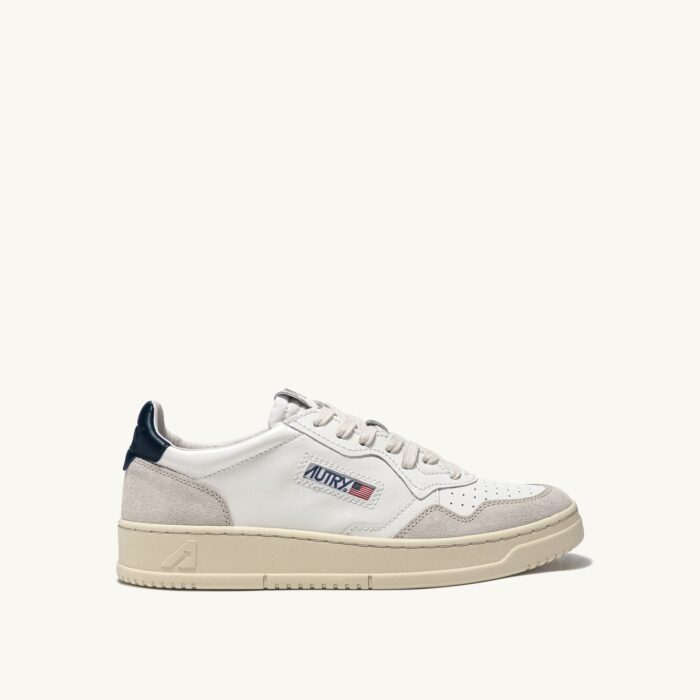 Medalist Low en cuir blanc et bleu et daim beige
